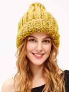 Romwe Yellow Cable Knit Fluffy Beanie Hat