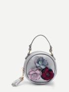 Romwe Flower Decorated Pu Round Bag With Tassel