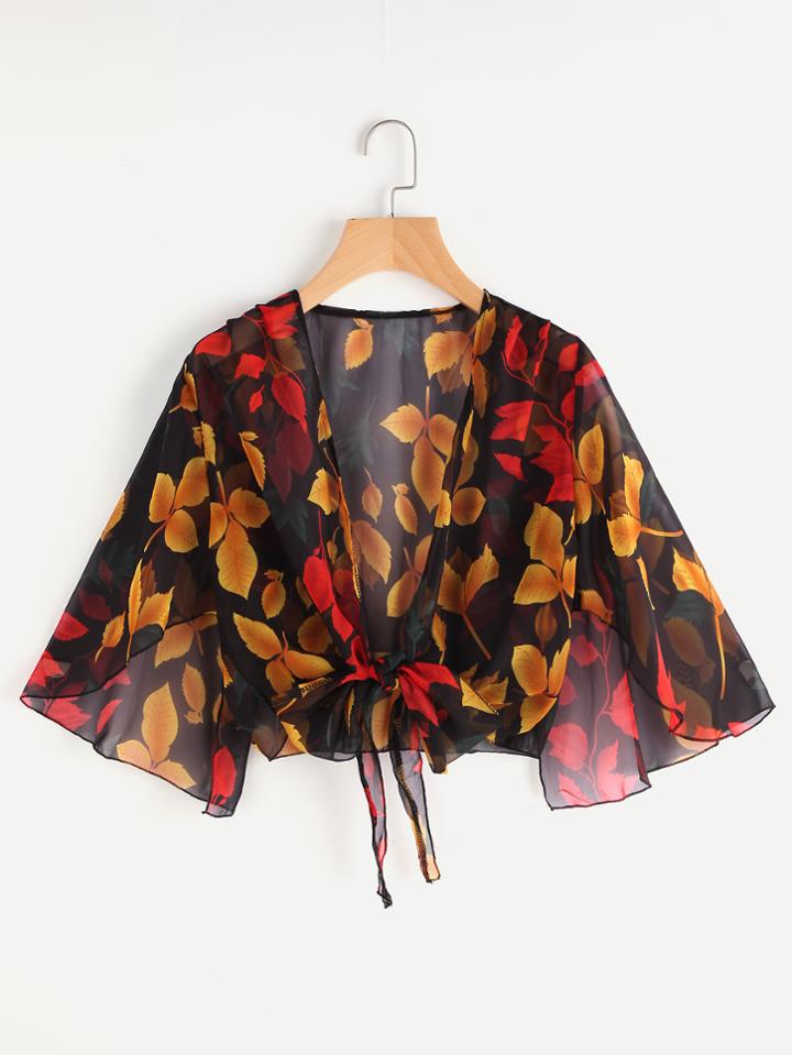 Romwe Leaf Print Open Front Self Tie Top
