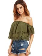 Romwe Army Green Off The Shoulder Hollow Crop Blouse