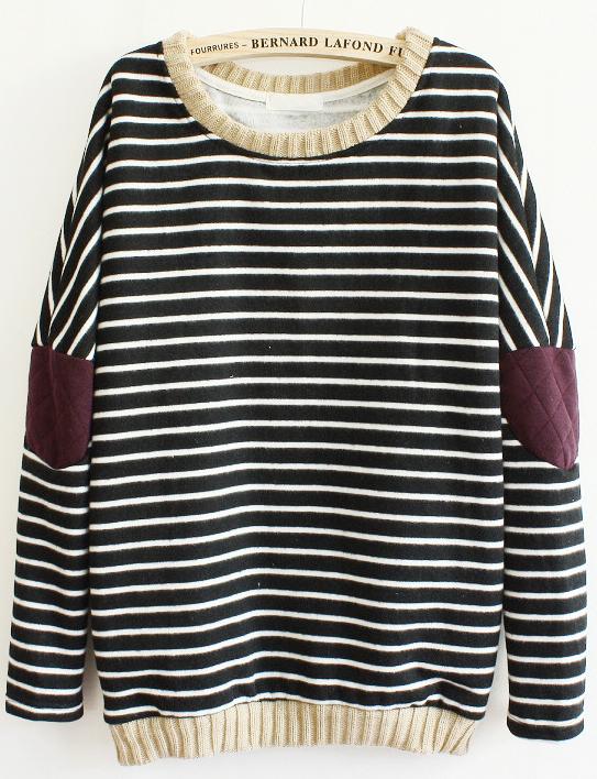 Romwe Striped Elbow Loose Black Sweatshirt