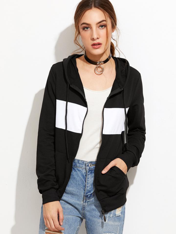 Romwe Black Contrast Trim Hooded Sweatshirt