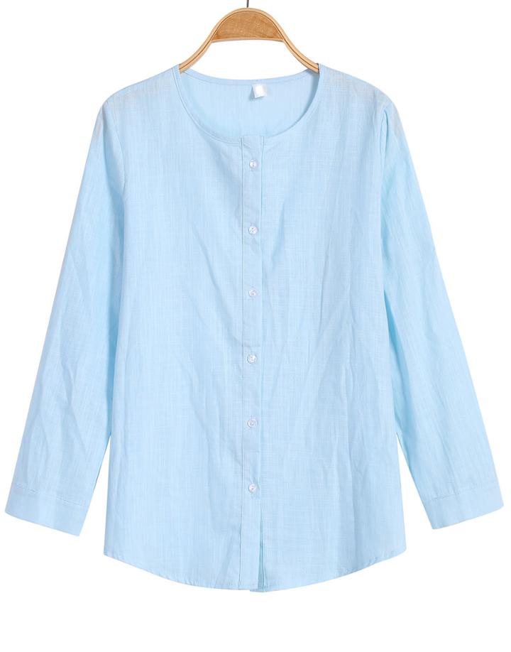 Romwe Round Neck Buttons Loose Blue Blouse
