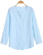 Romwe Round Neck Buttons Loose Blue Blouse