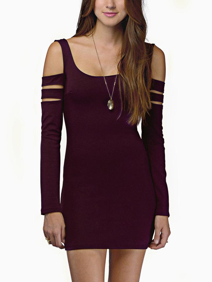 Romwe Scoop Neck Cut Out Bodycon Burgundy Dress
