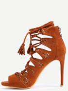 Romwe Faux Suede Lace-up Heels - Camel