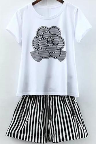 Romwe Short Sleeve Rhinestone Top With Vertical Striped Shorts