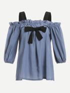 Romwe Cold Shoulder Knot Front Frill Trim Top