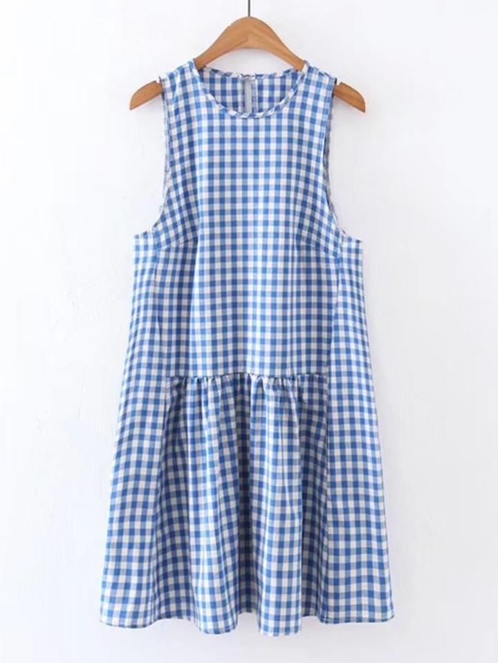 Romwe Grid Pleated Hem Tank Dress