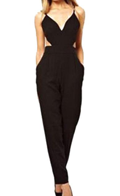 Romwe Deep V Neck Backless Cut Out Jumpsuit