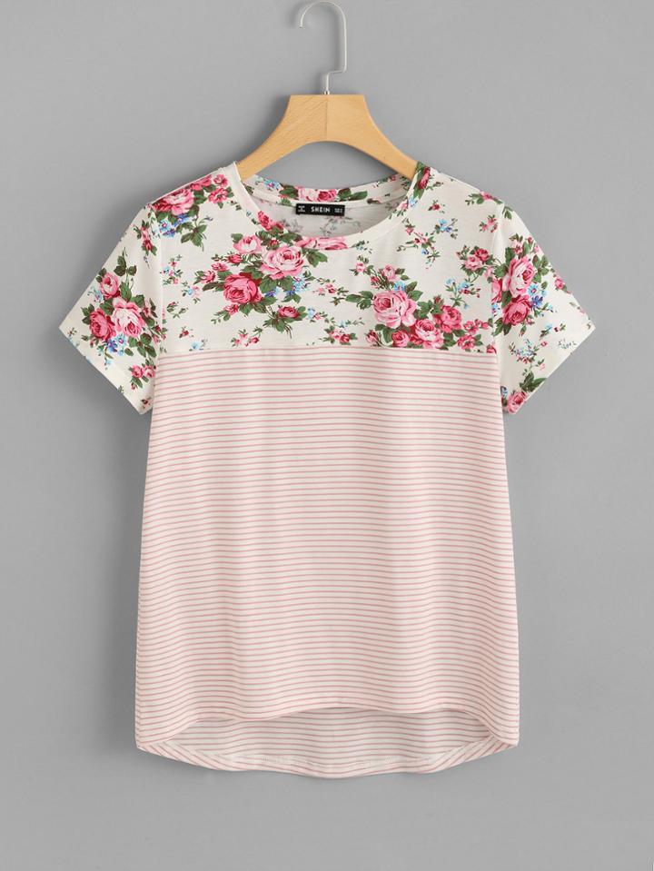 Romwe Floral And Striped Print Tee
