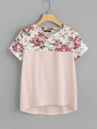 Romwe Floral And Striped Print Tee
