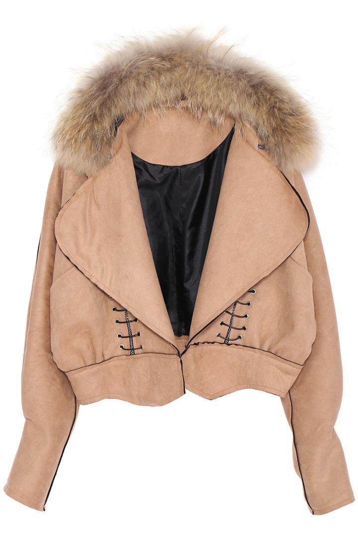 Romwe Detachable Faux Fur Lapel Suede Khaki Coat