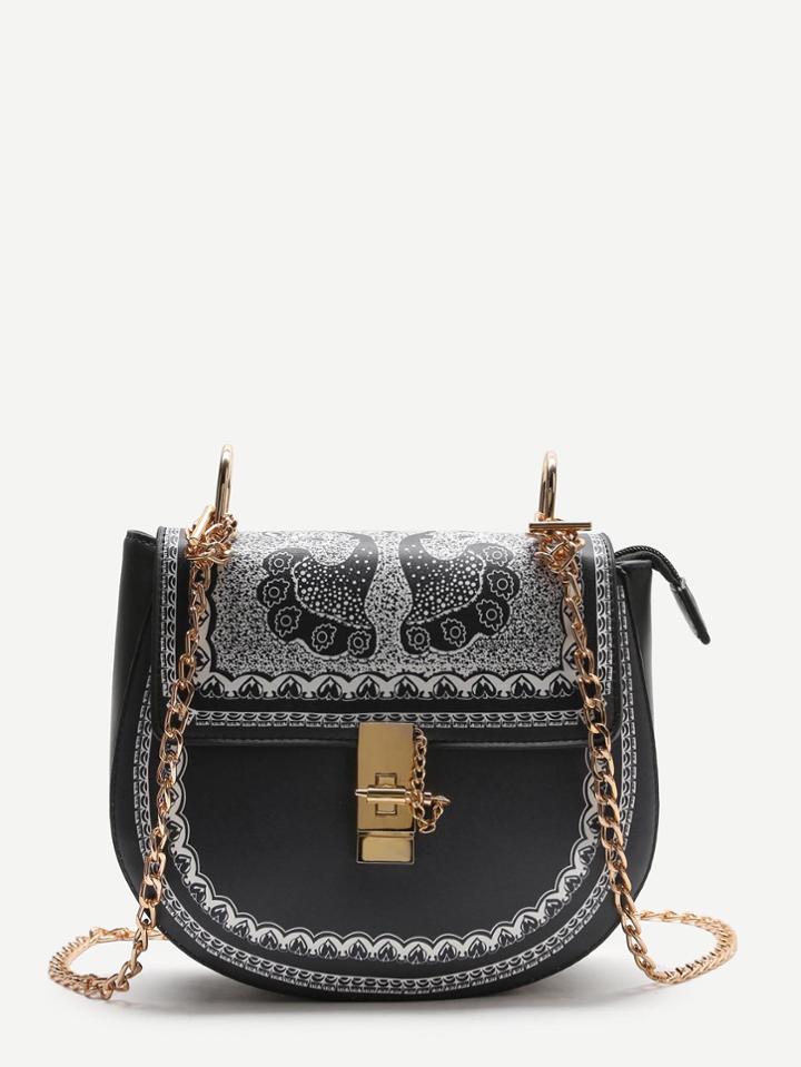 Romwe Black Printed Saddle Bag With Chain