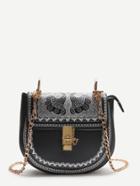 Romwe Black Printed Saddle Bag With Chain