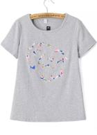 Romwe Round Neck Embroidered Grey T-shirt