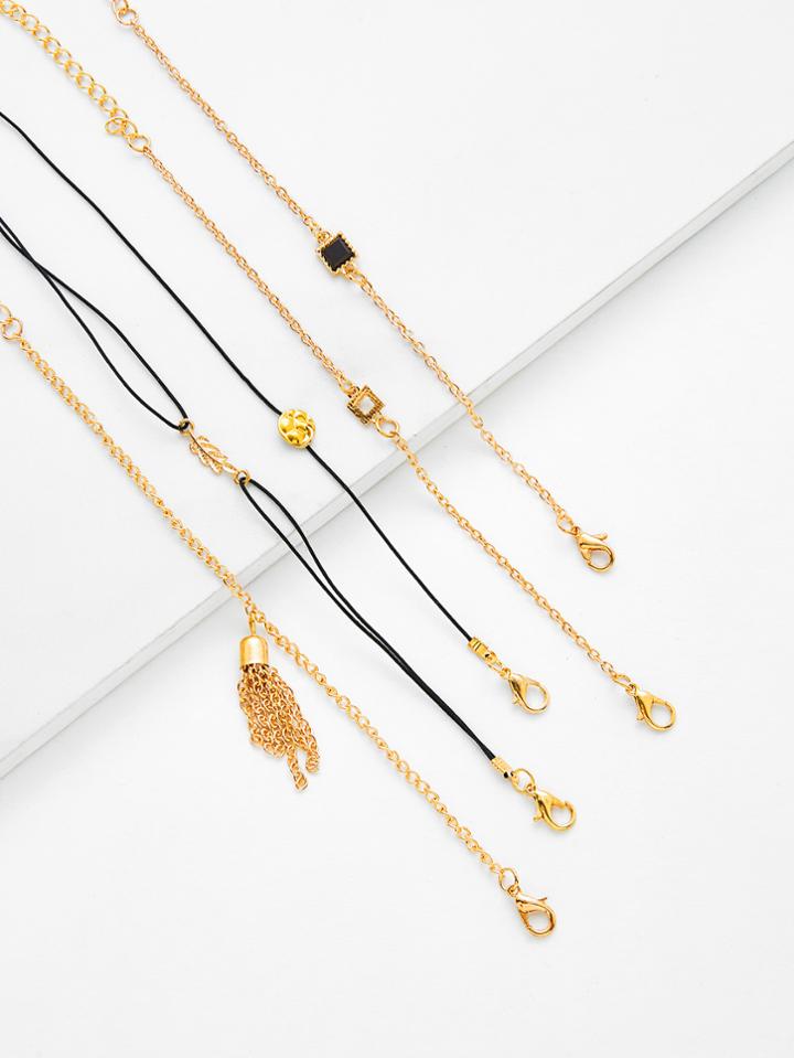 Romwe Chain Tassel & Leaf Charm Bracelet Set