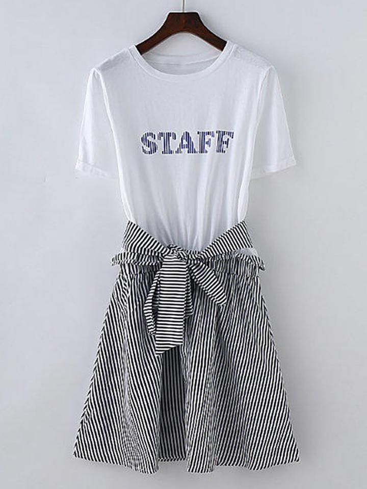 Romwe Letter Print Contrast 2 In 1 Dress