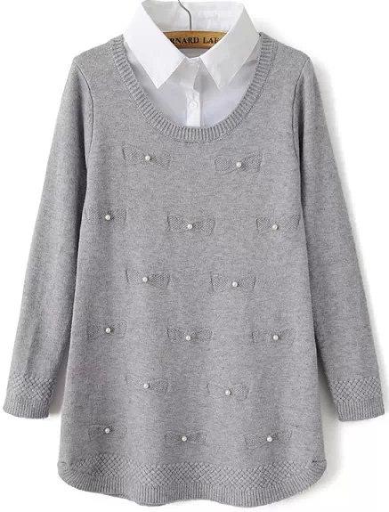 Romwe Contrast Collar Bead Bow Grey Sweater
