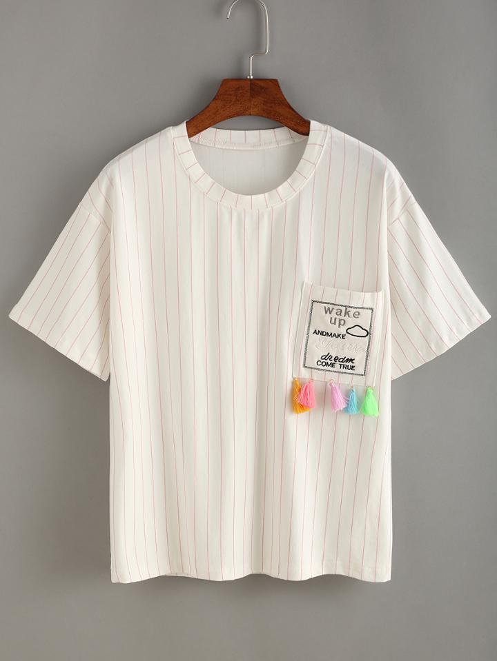 Romwe Vertical Striped Tassl Trimmed Pocket T-shirt