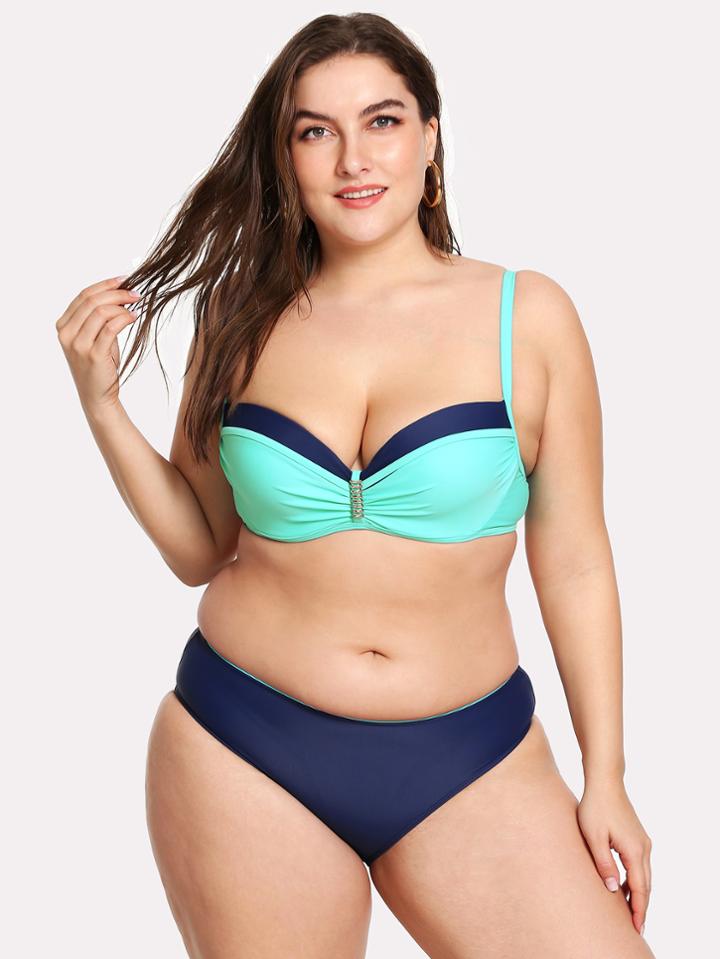 Romwe Ruched Detail Colorblock Bikini Set