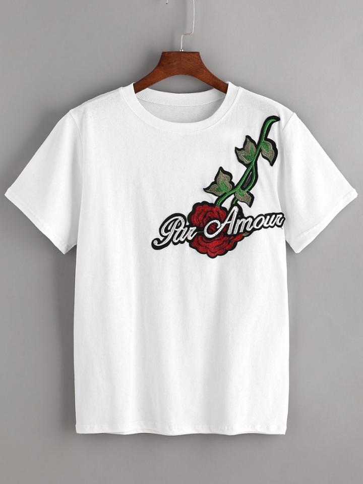 Romwe White Embroidered Applique T-shirt