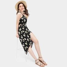 Romwe Floral Print Halter Top With Tulip Hem Skirt