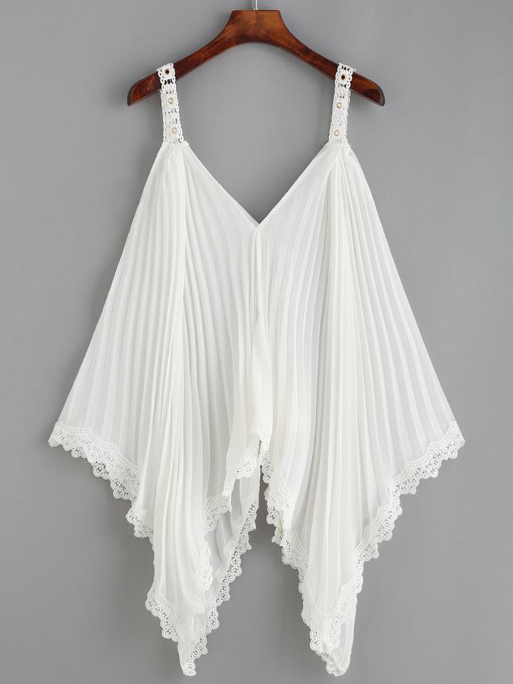 Romwe White Crochet Trim Pleated Asymmetric Chiffon Cami Top