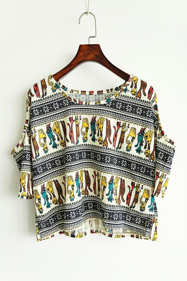 Romwe Colorful Tribal Print Open Shoulder T-shirt