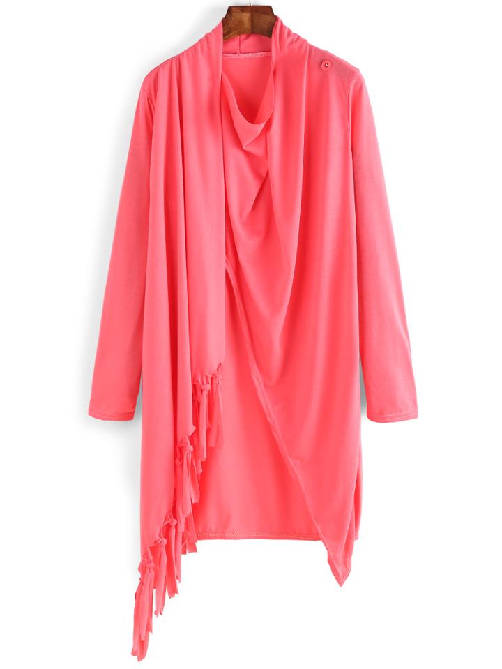 Romwe Cowl Neck Fringe Asymmetrical Coat