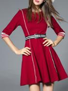 Romwe Burgundy Striped Belted A-line Dress