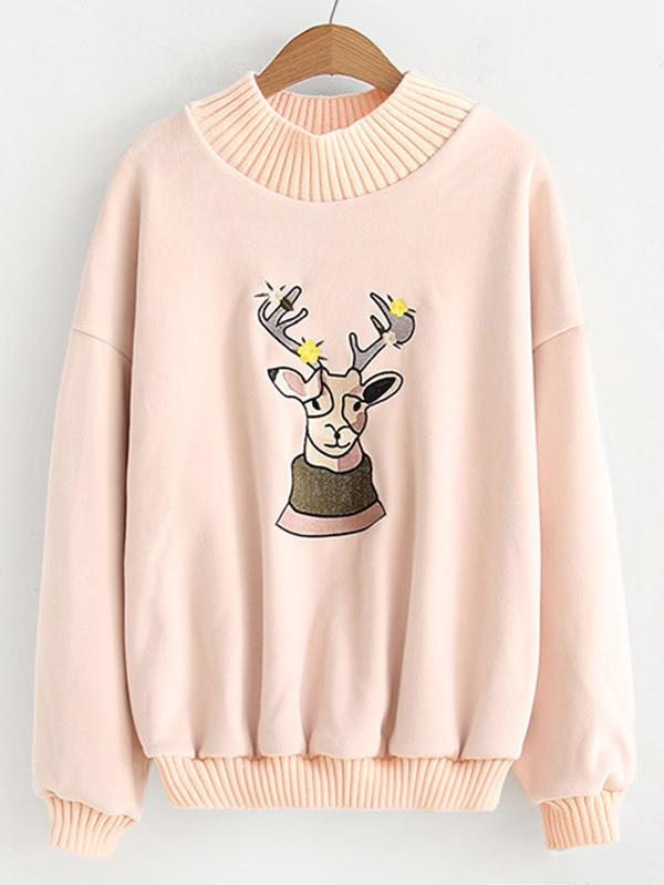 Romwe Deer Embroidery Knit Trim Sweatshirt