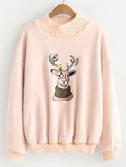 Romwe Deer Embroidery Knit Trim Sweatshirt