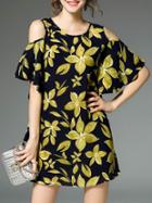 Romwe Black Off The Shoulder Ruffle Leaves Print Dress