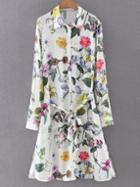 Romwe Multicolor Buttons Front Tie-waist Bow Flowers Print Shirt Dress
