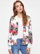 Romwe Ribbed Trim Flower Print Bomber Jacket