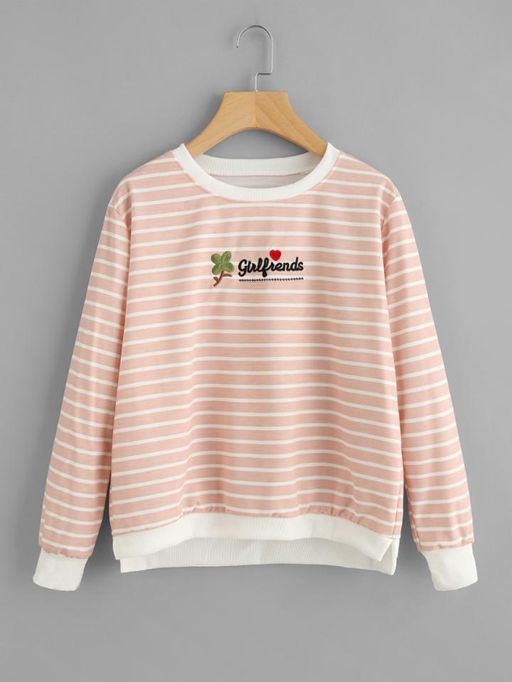 Romwe Embroidered Striped Dip Hem Sweatshirt