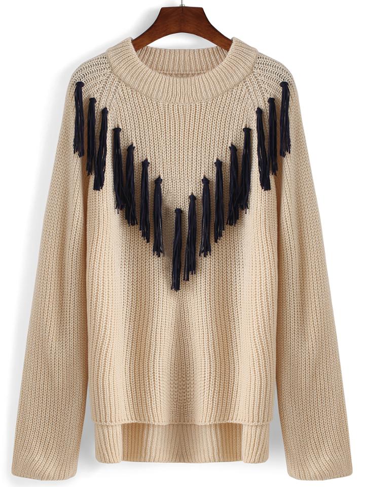 Romwe High Low Fringe Apricot Sweater