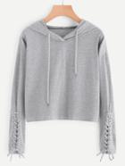 Romwe Drop Shoulder Eyelet Lace Up Sleeve Hoodie