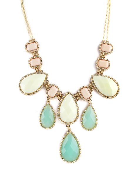 Romwe White Green Gemstone Drop Diamond Necklace