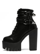Romwe Black Round Toe Lace-up Buckle Chunky Boots
