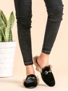 Romwe Black Velvet Fur Lined Loafer Slippers
