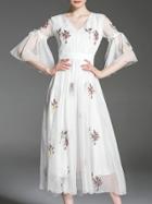 Romwe White V Neck Bell Sleeve Embroidered A-line Dress