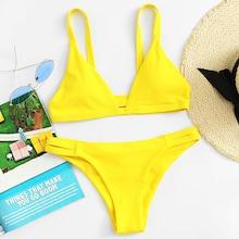 Romwe Plain Plunge Top With Ruched Bikini Set