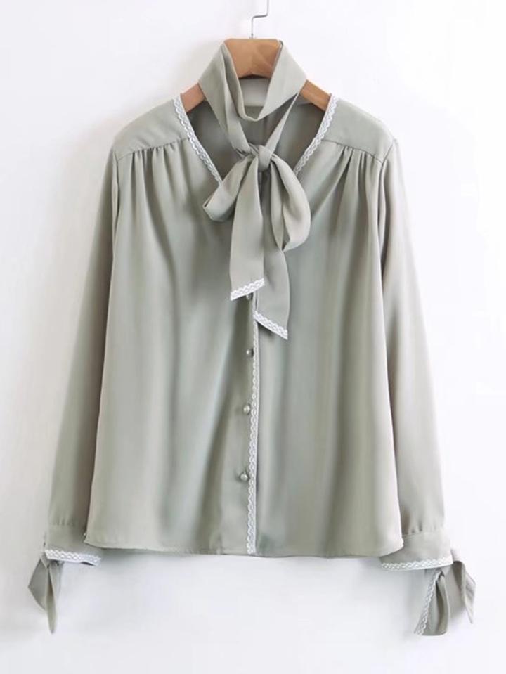 Romwe Lace Trim Tie Neck Blouse