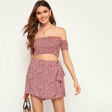 Romwe Off-shoulder Ditsy Floral Top & Culotte Shorts