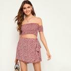 Romwe Off-shoulder Ditsy Floral Top & Culotte Shorts
