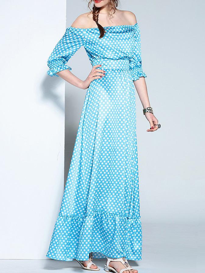 Romwe Blue Off The Shoulder Polka Dot Ruffle Dress