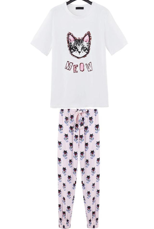 Romwe Cat Print Top With Elastic Waist Haroun Pant