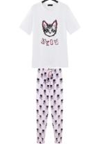 Romwe Cat Print Top With Elastic Waist Haroun Pant